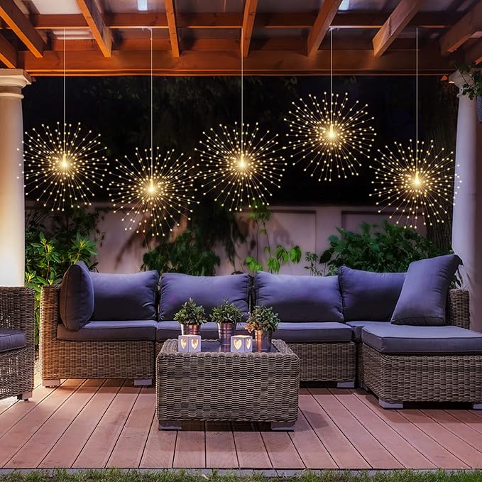 PXBNIUYA 4 Pack Starburst Sphere Lights,200 LED Firework Lights, 8 Modes Dimmable Remote Control Waterproof Hanging Fairy Light, Copper Wire Light for Patio Parties Christmas (Battery Operated)