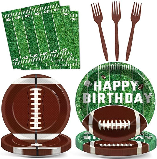 100 Pcs Football Party Supplies Set Football Birthday Plates and Napkins Sports Party Tableware Packs Decorations Sports Disposable Paper Plates Napkins Forks Serve 25