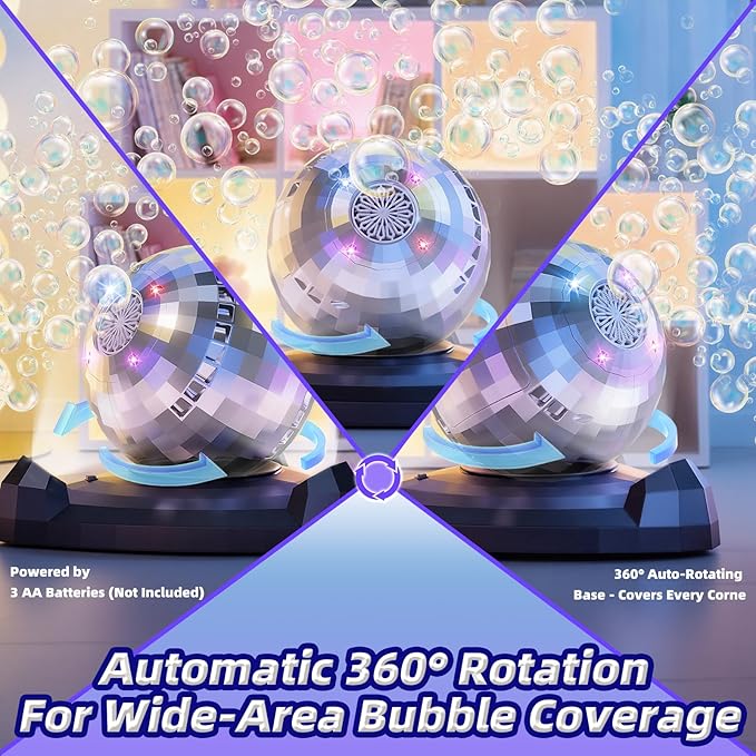Bubble Machine for Kids & Toddlers 1-3, Automatic Disco Bubble Blower Maker with Bubble Solution, LED Lights & 360° Rotation, 10000+ Bubbles Per Min, Outdoor Game Toy for Easter Birthday Party