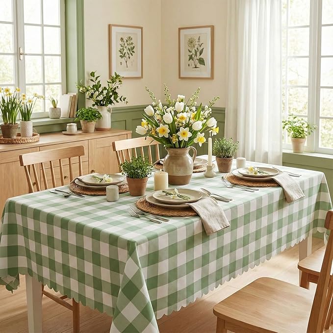 3 Pack Sage Green Gingham Tablecloths, 54 X 108Inch Scalloped Green and White Checkered Tablecloth Disposable Party Table Cover for Baby & Bridal Shower Picnic Camping Birthday Barbecue Wedding Party