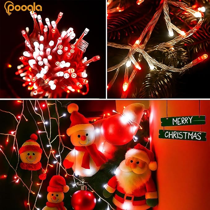 Christmas String Lights, 66 ft 200 LED Christmas Lights Plug in, Indoor Outdoor Connectable 8 Modes Clear Wire Twinkle Fairy String Lights for Xmas Tree Wedding Bedroom Party, Red and White