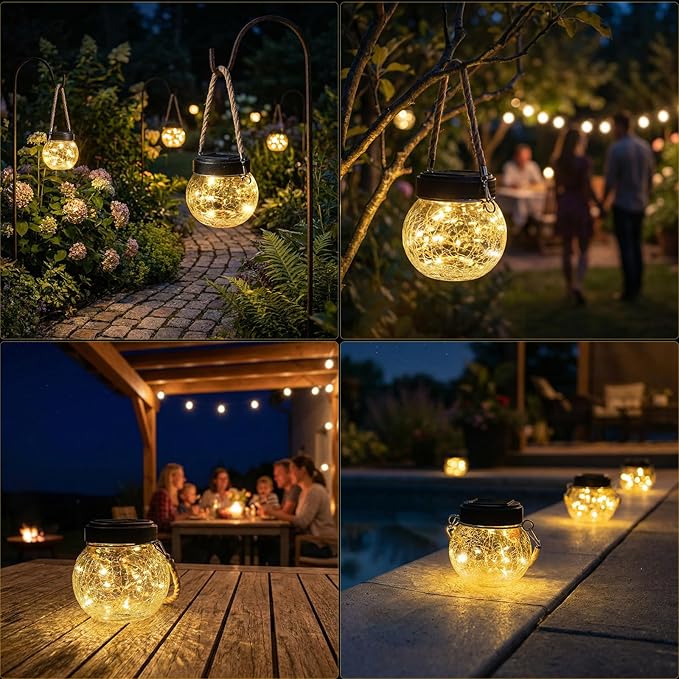 ROSHWEY 4 Pack M Size Solar Lantern Gifts for Women - Outdoor Solar Lanterns Waterproof with 15 LED Hanging Garden Patio Backyard Decor Lights for Halloween Christmas Easter Gift