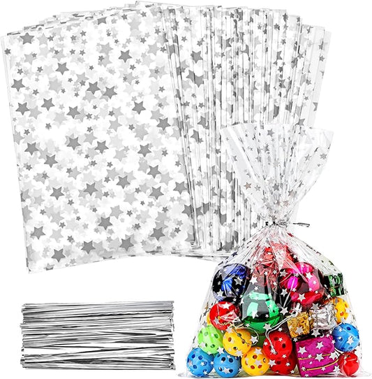 100Pcs 4x6 Inch Clear Cellophane Treat Bags with 100 Silver Twist Ties, Silver Star Printed Heat Sealable Candy Bags for Cookies, Bakery, Party Favors, Holiday & Classroom Gifts