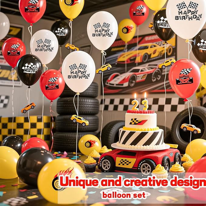 Race Car Birthday Party Decorations Racing Car Balloons 16 Pcs 12" Races Cars Checkered Flags Printed Latex Balloon for Racing Fans Birthday Party Transportation Fast Birthday Party Supplies