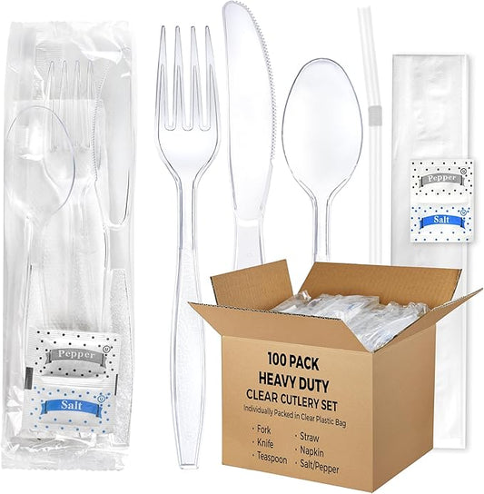 KitchenDine 100 pack | Clear Heavy Duty Plastic Disposable Cutlery Set | 6 in 1 Utensil Set with Fork, Spoon, Knife, Napkin, Straw, Salt/Pepper Packets