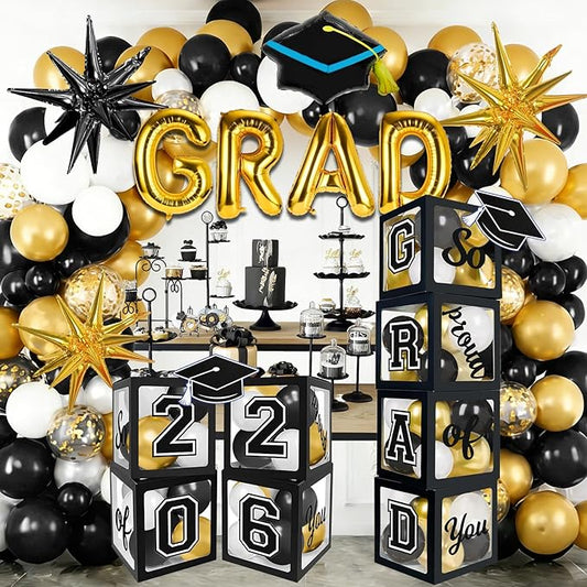 2026 Graduation Boxes Decorations,Black and Gold Balloon Garland Arch Kit with GRAD,2026 Balloon Boxes,Graduation Cap Decor for High School,College Graduation Party Supplies