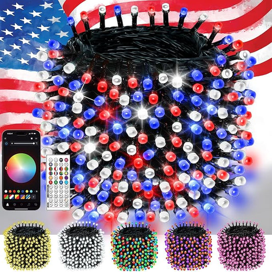 600LED Smart 4th of July String Lights | 206FT App Controlled Red White and Blue American Flag Lights, Waterproof Patriotic RGB Color Changing String Lights with Remote & Timer Outdoor for Memory Day