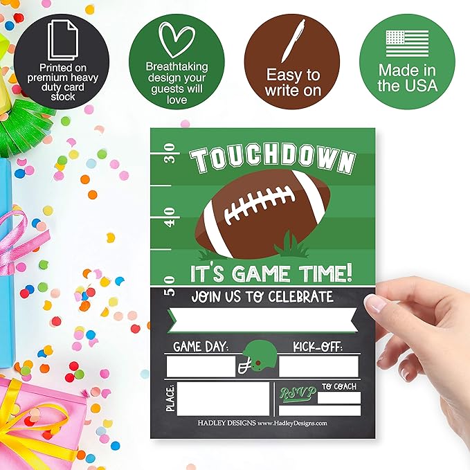 Hadley Designs Kids Birthday Invitations For Boys Football Theme - 25 Football Birthday Party Invitations For Boys, Touchdown Invites For Boy, Cute Party Supplies, Made In USA