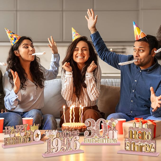4 Pieces 30th Birthday Decorations Wooden Vintage 1996 Table Centerpieces for Women, Pink Rose Gold Cheers to 30 Years Table Sign Party Supplies, Hello 30 Years Old Bday Table Decor
