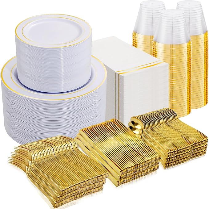 NOCCUR 700PCS Gold Plastic Plates - Gold Disposable Dinnerware Set for 100 - Include 200 Dinner/Dessert Plates, 300 Cutlery, 100 Cups, 100 Napkins, Idea for Wedding/Party/New Year