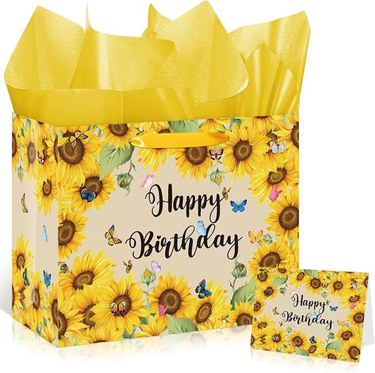 Sunflower Birthday Gift Bag for Girls Women Yellow Sunflower Paper Bag with Tissue Paper and Card Sun flower Birthday Wrapping Paper Bag for Bday Christmas Wedding Baby Bridal Shower Decorations