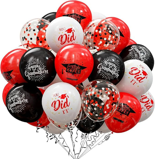 75 Pack Graduation Party Decorations Balloons Set - 12 Inch Black Red Confetti Grad Balloons with Ribbons for Graduation Party Decoration Supplies