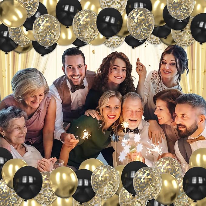 Black and Gold Balloons, 60PCS 12 Inch Gold and Black Confetti Balloons, Gold Latex Balloons for Birthday New Year Wedding Graduation