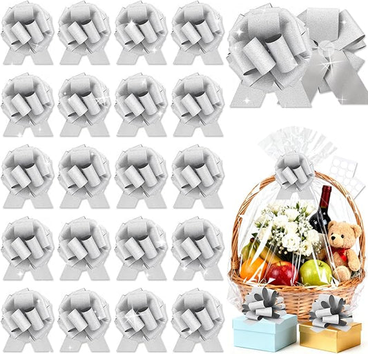 20 pcs Silver Pull Bow for Gift Basket Wrapping Xmas Gift Bows Presents Adhesive Wrap Ribbon Bow for Christmas Tree Ornament Wine Bottles Bouquet Flower Valentine's Day Party Decor (Silver-L)