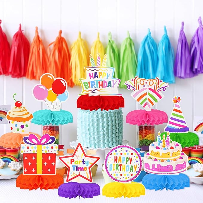 Happy Birthday Decorations, Rainbow Birthday Centerpieces for Tables, Birthday Table Centerpieces Decorations for Kids Party, Birthday Party Supplies (9 pcs)