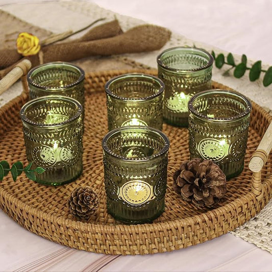 12 Pcs Green Glass Votive Candle Holders, Tealight Candle Holders for Table Centerpieces, Vintage Candle Holder Bulk, Boho Wedding, Home, Bridal Shower, Birthday Party Table Decor (Green)
