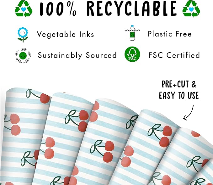 CENTRAL 23 Blue Wrapping Paper - 6 Sheets Cherry Gift Wrap for Women or Friends - Birthday Christmas Wedding Summer Theme - Red Cherries Stripe - Recyclable - Comes with Tags