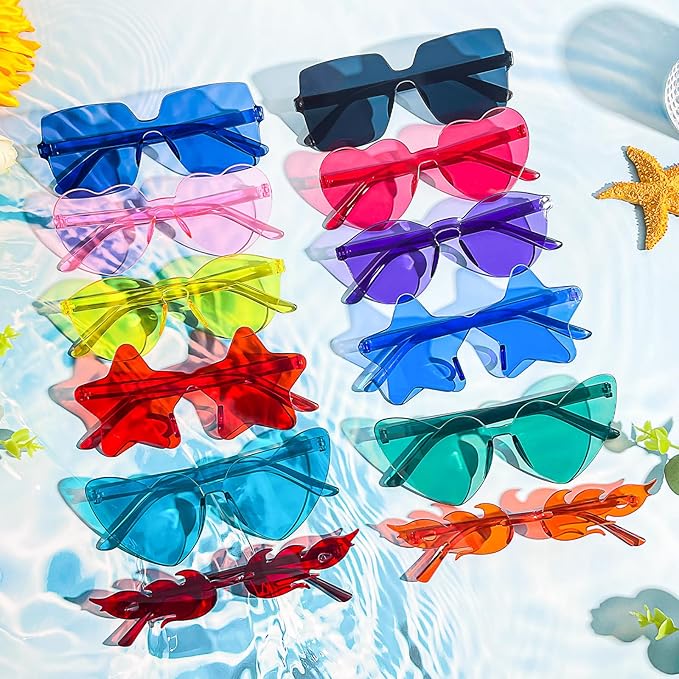 Pibupibu 48 Pack Fun Mixed/Heart/Star Party Sunglasses Bulk Adults, Rimless Colorful Bachelor Party Glasses