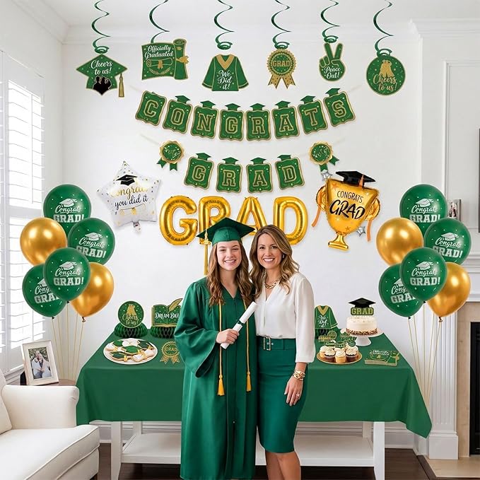 Green Gold Balloons GRAD Print Balloons with Banner Table Honeycomb Centerpieces Hanging Swirl trophy star GRAD Letters Mylar Balloons for 2026 graduate Prom Decorations