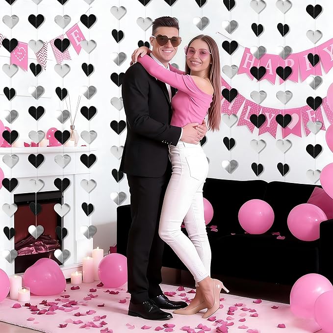 40Ft Black White Silver Heart Valentines Day Garland Hanging Streamer Decor for Bachelorette, Graduation, Black History Month Birthday Party Black Silver Wedding Party Decor