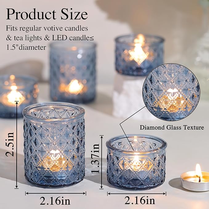 36 Pack Blue Votive Candle Holders, Assorted Glass Candle Holders for Table Centerpiece, Blue Glass Candle Holder Decorations for Wedding, Baby Shower Party & Home Decor