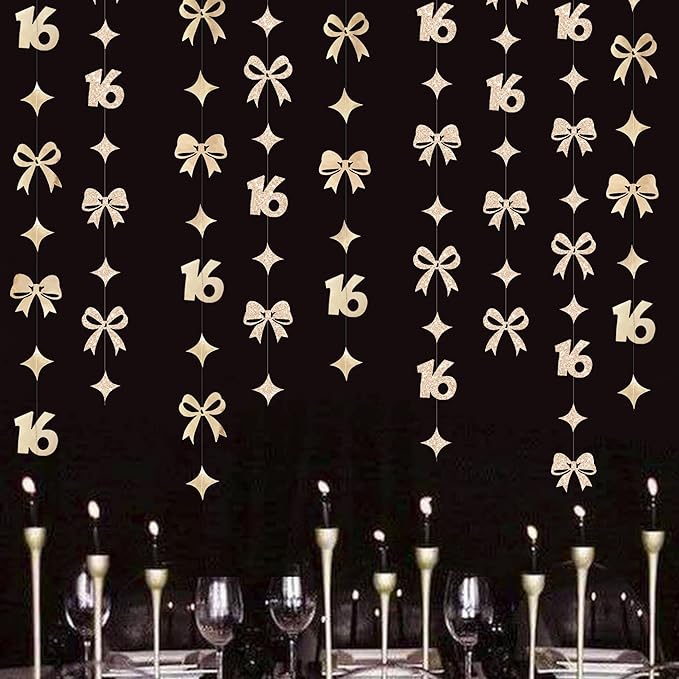 Champagne Gold 16th Bow Birthday Decorations Champagne Conquette Bow Garland Streamer Banner Backdrop for Girls Boys Happy 16th Birthday Sweet Sixteen Cheers to 16 Years Old Anniversary Party Supplies