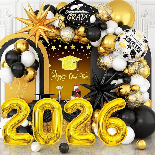 Graduation Balloons Garland Arch Kit, Graduation Balloons Class of 2026, Black and Gold White Latex Balloon with Foil Balloon for Class of 2026 Party Decor