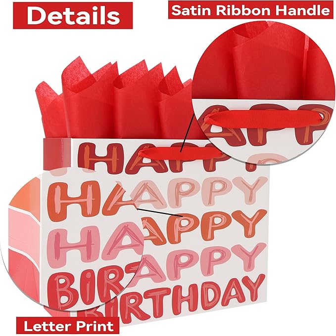 Qirrmiy 13'' Large Red Happy Birthday Gift Bag Set with Handles, Greeting Card, Tissue Papers and Stickers for Women Girls Kids Teens, Words Design, 1 Pcs