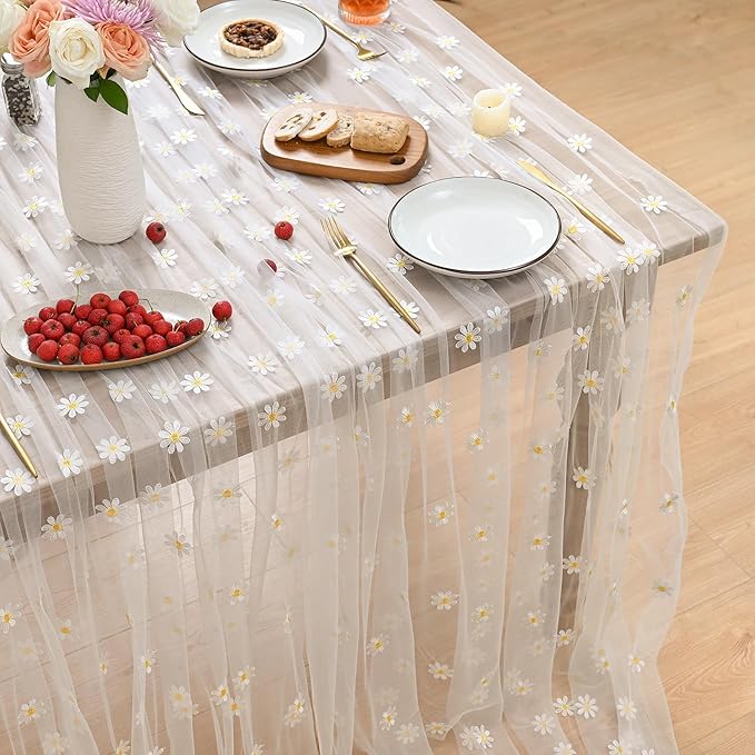 Horaldaily White Embroidery Daisy Spring Summer Gauze Tablecloth 60×84 Inch Rectangular, Seasonal Tulle Table Cover, Garden Party Decorations for Wedding, Party, Holiday Dining