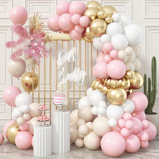 Pink Beige Gold Balloon Garland Arch Kit, 109 Pieces Blush Pastel Pink Peach Pink Gold Beige White Sand Latex Balloon Garland Kit for Girls Women Birthday Baby Bridal Shower Wedding Party Decorations