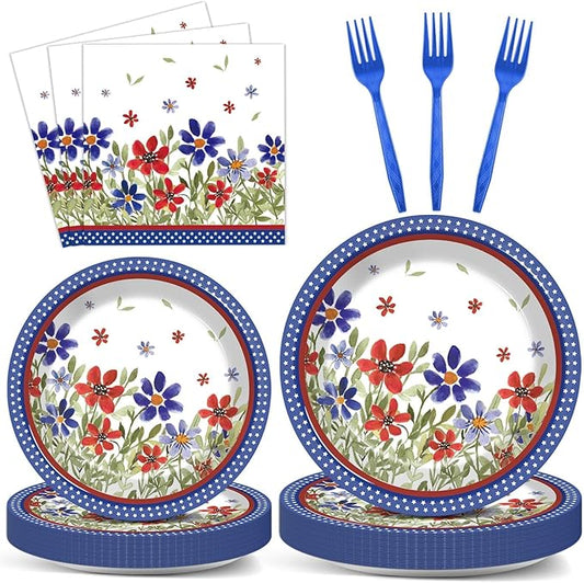 96Pcs American 4th of July Independence Party Plates and Napkins Patriotic Party Decorations Memorial Days Dessert Plates Poppy Flower Tableware for 24 Guests Labor Veterans Days Party Supplies