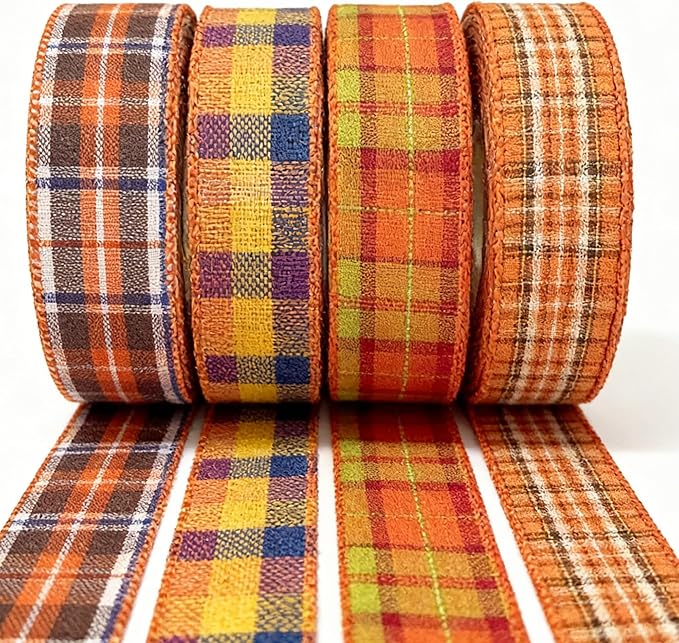 Meseey 1.5 Inch Fall Plaid Wired Ribbon Set, 4 Rolls Total 40 Yards Assorted Orange Plaid Wired Edge Ribbon for Wreaths, Bows, Gift Wrapping, Thanksgiving & Halloween Decor (FPRS001)