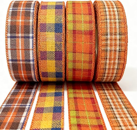 Meseey 1.5 Inch Fall Plaid Wired Ribbon Set, 4 Rolls Total 40 Yards Assorted Orange Plaid Wired Edge Ribbon for Wreaths, Bows, Gift Wrapping, Thanksgiving & Halloween Decor (FPRS001)