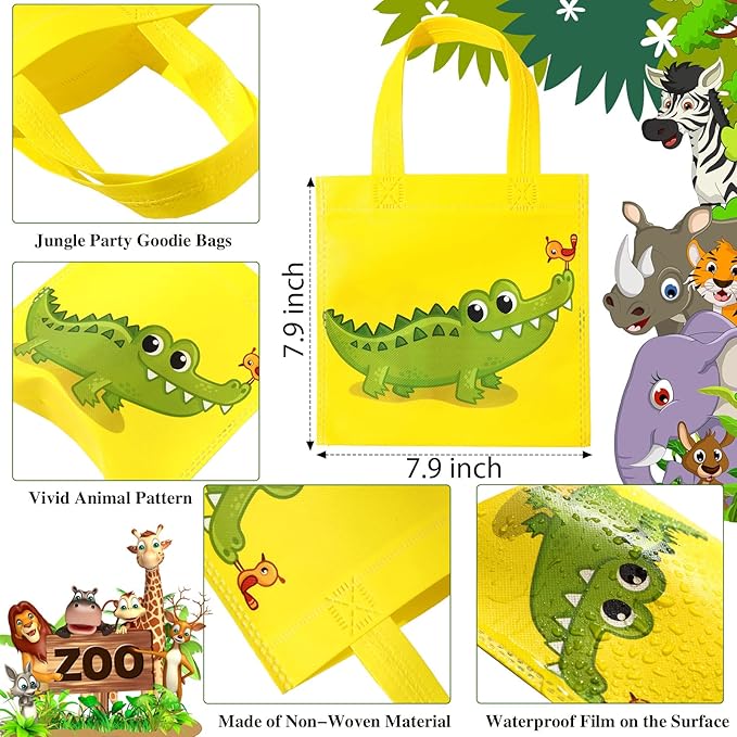 Tallew 24 Pack Safari Favor Bags with Handle Non Woven Jungle Animal Treat Goody Bags Lion Tiger Elephant Monkey Crocodile Giraffe Safari Birthday for Kids Party Baby Shower Decorations Supplies