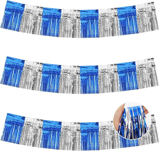 BEISHIDA 3 Packs Metallic Foil Fringe Garland Blue Silver Wall Hanging Tinsel Fringe Banners for Car Floats Bridal Shower Wedding Birthday Graduation Holiday Party Decoration(30 Feet)