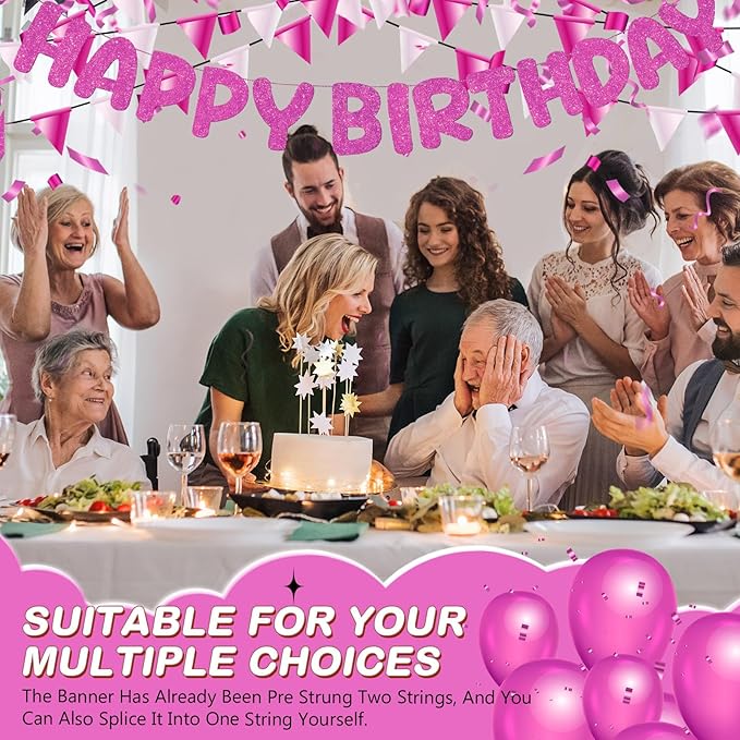 Fulmoon Glitter Pre Strung Happy Birthday Banner No DIY Party Decorations Happy Birthday Sign Decor for Men Women Boy Girls Backdrop(Hot Pink)