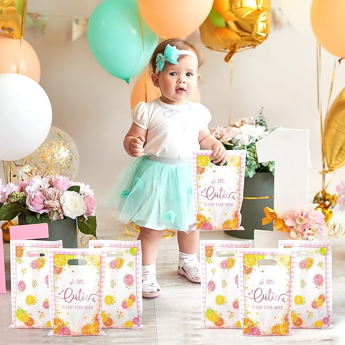 ANGOLIO Summer Grapefruit Gift Bags - 50Pcs A Little Cutie is on the Way Themed Fruit Cuties Party Favor Bags for Baby Shower Birthday Gender Reveal, Summer Lemons Oranges Candy Goodie Treat Handbags