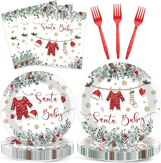 96 Pcs Christmas Baby Shower Party Plates Napkins Santa Clothes Tableware A Santa Baby Is On The Way Plates Napkins Christmas Shower Supplies Xmas Party Dinnerware Set Decorations for 24 Guests