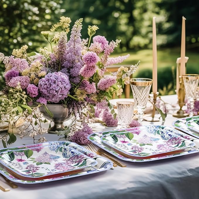 Umigy 100 Pcs Paper Plates Flower Dinner 9'' Floral Disposable Paper Plates 7'' Square Dessert Set for Dinner Birthday Wedding Baby Shower Party Tableware(Soft Color,Hydrangeas)