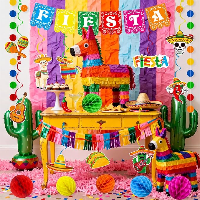 Fiesta Party Decorations Mexican Fiesta Banner Garland Hanging Swirls Honeycomb Balls Set for Cinco De Mayo Taco Mexican Theme Birthday Party Decor