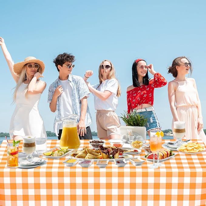WNINK 6 Pack Orange and White Checkered Rectangular Plastic Tablecloths, Orange Gingham Waterproof Disposable Table Covers 54" x 108" for Birthday, Wedding, Outdoor Picnic Camping Parties