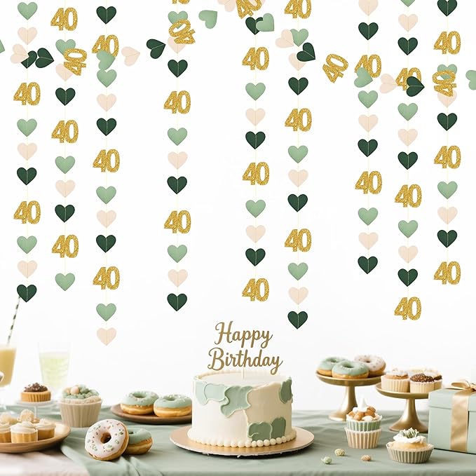 Sage Green Gold 40th Birthday Decorations Sage Green Gold Heart Garland Streamer Banner Backdrop for Women Happy 40th Birthday Vintage 1986 Cheers to 40 Years Old Fabulous Anniversary Party Supplies