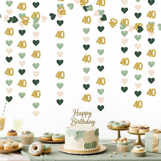Sage Green Gold 40th Birthday Decorations Sage Green Gold Heart Garland Streamer Banner Backdrop for Women Happy 40th Birthday Vintage 1986 Cheers to 40 Years Old Fabulous Anniversary Party Supplies