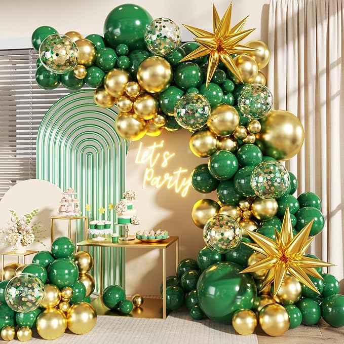 Green and Gold Balloon Garland Arch Kit, 140Pcs Emerald Green Gold Confetti Balloons With Stars for Birthday Wedding Birdal Shower Christmas Graduation Party Decorations
