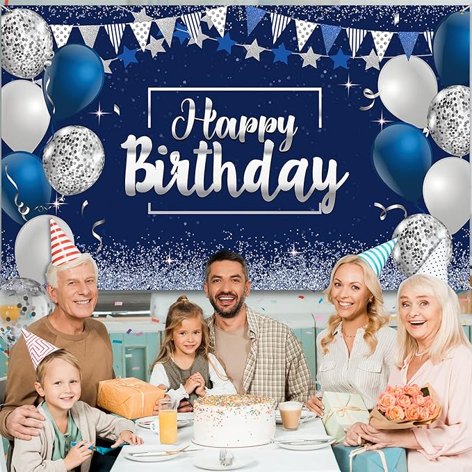 Moukeren Navy Blue Birthday Party Decorations Confetti Balloons Kit Happy Birthday Photography Backdrop Banner Tablecloths for Boys Girls Men Women Party Supplies Decor(Navy Blue and Silver)