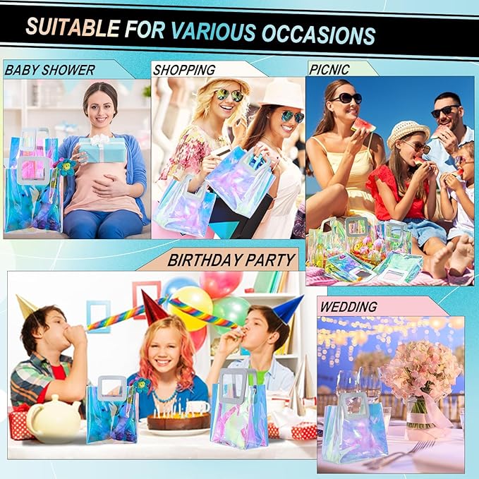 30 Pcs Reusable Holographic Gift Bags with Handle Iridescent Bachelorette Party Favor Bags Clear Tote Goodie Bags for Shopping Baby Showers Weddings - 5.9x6.3x2.8/8.3x8x4/11x9.8x5.7 Inch(20/5/5 Pcs)