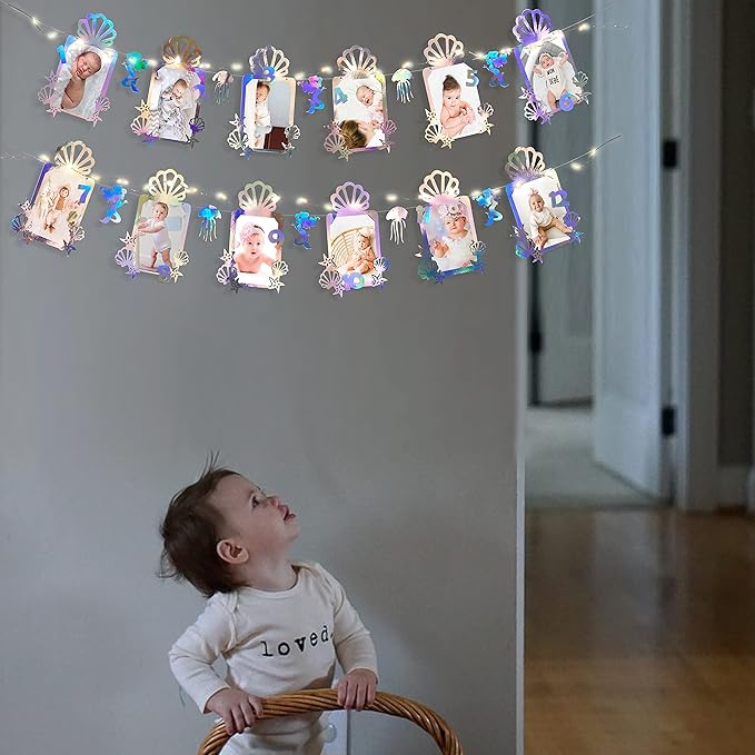 Iridescent Mermaid Photo Banner 4"x6" Jellyfish SeaShell Starfish Photograph Bunting with LED String Light for Little Mermaid Under The Sea Baby Kid Birthday Bachelorette Anniversary Party Decorations