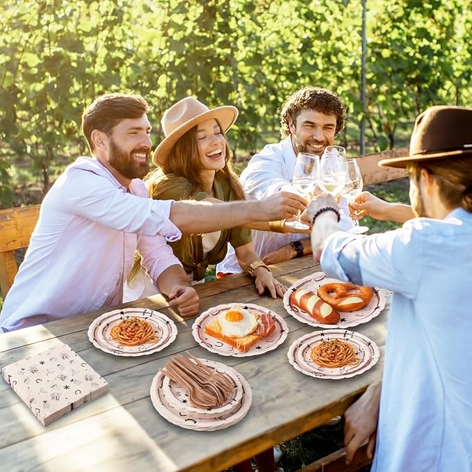 AmazingSpark 122 Pcs Cowboy Paper Plates and Napkins Forks Western Birthday Supplies First Rodeo Bachelorette Party Plates Cowboy Ranch Tableware Set for Kids Boys Baby Shower Decorations, Serve 24