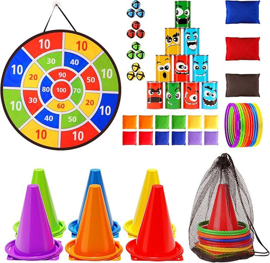 Redllo 58PCS Carnival Games Combo Set, Dart Board Knock Down Can Bean Bag Toss Game Party Indoor Outdoor Birthday Party Fall Festival Field Day for Kids Adults Yard Plastic Cones Outside Games