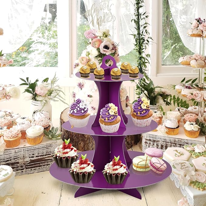 Soleebee 3-Tier Round Cupcake Stand, Cardboard Cupcake Tower, Dessert Cup Cake Stand Tower for Birthday Wedding Party Decoration, Cupcake Tier Stand 2 Set (Purple)